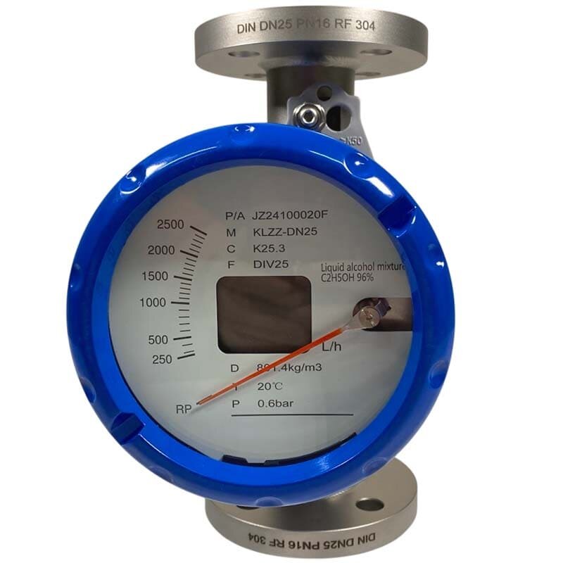 DN25 Stainless steel flow meter rotameter KLZZ-DN25/PN16 (liquid alcohol mixture C2H5OH 96%), 250..2500 l/h, 4-20mA, Ex