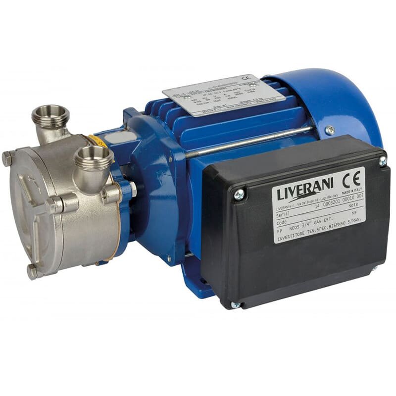 Pompe à anneau liquide pour saumure LIVERANI EPH NEOS 3/4, 29 l/min, MF/L 0,22 kW, 2800 rpm, 220B, AISI 316, Seal Cer.-Grafite-Viton