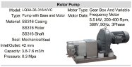 Lobe pump for viscous liquids LQ3A-36-316/4/VC, 3.8-7.6 m3/h, 0.3 MPa, 5.5 kW, 200-400 rpm, 380V, 50 Hz, AISI 316